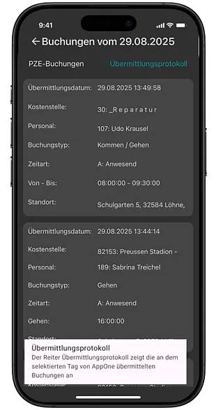 Screenshot der AppOne-Buchungsübersicht mit Reiter Übermittlungsprotokoll für Mitarbeiterbuchungen.