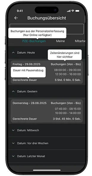 Screenshot der AppOne-Buchungsübersicht mit Reiter PZE-Buchungen, inkl. Dokumentation von Änderungen und berechneter Dauer.