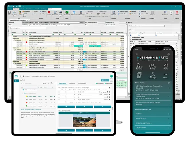 Screenshot einer Baumanagement-Software auf einem Desktop-Monitor sowie einer Tablet- und Smartphone-App mit Projekt- und Terminübersichten.