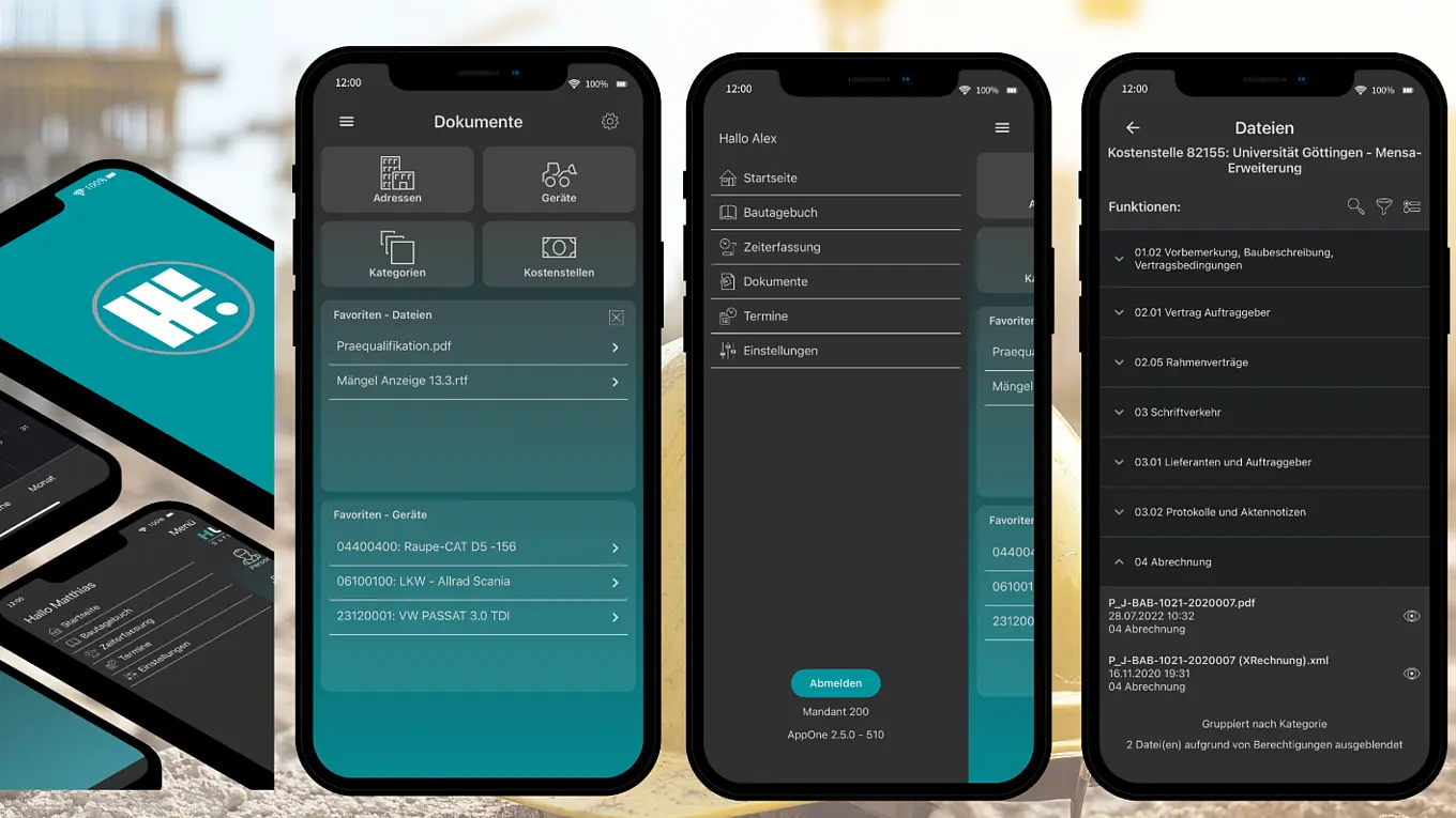 Titelbild mit mehreren Smartphone-Ansichten von AppOne: Dokumentenübersicht, Modulmenü, Dateiansicht und Dokumentenstruktur als mobile Bauakte für Pro-Bau/S® AddOne.