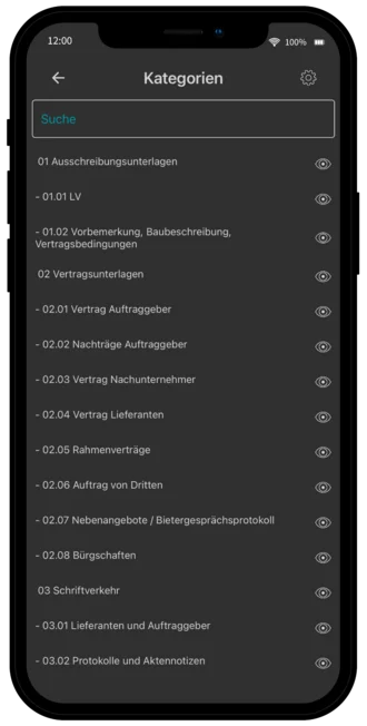 Ansicht der Dokumentenkategorien in AppOne. Die mobile Bauakte zeigt eine klar strukturierte Gliederung von Ausschreibungsunterlagen, Vertragsunterlagen und Schriftverkehr. Jede Kategorie ist nummeriert und ermöglicht schnellen Zugriff auf projektbezogene Dokumente.