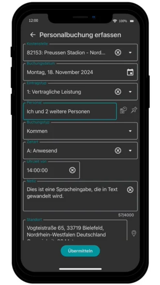 Screenshot der AppOne Zeiterfassung: Personalbuchung von Mitarbeiterzeiten direkt auf der Baustelle.