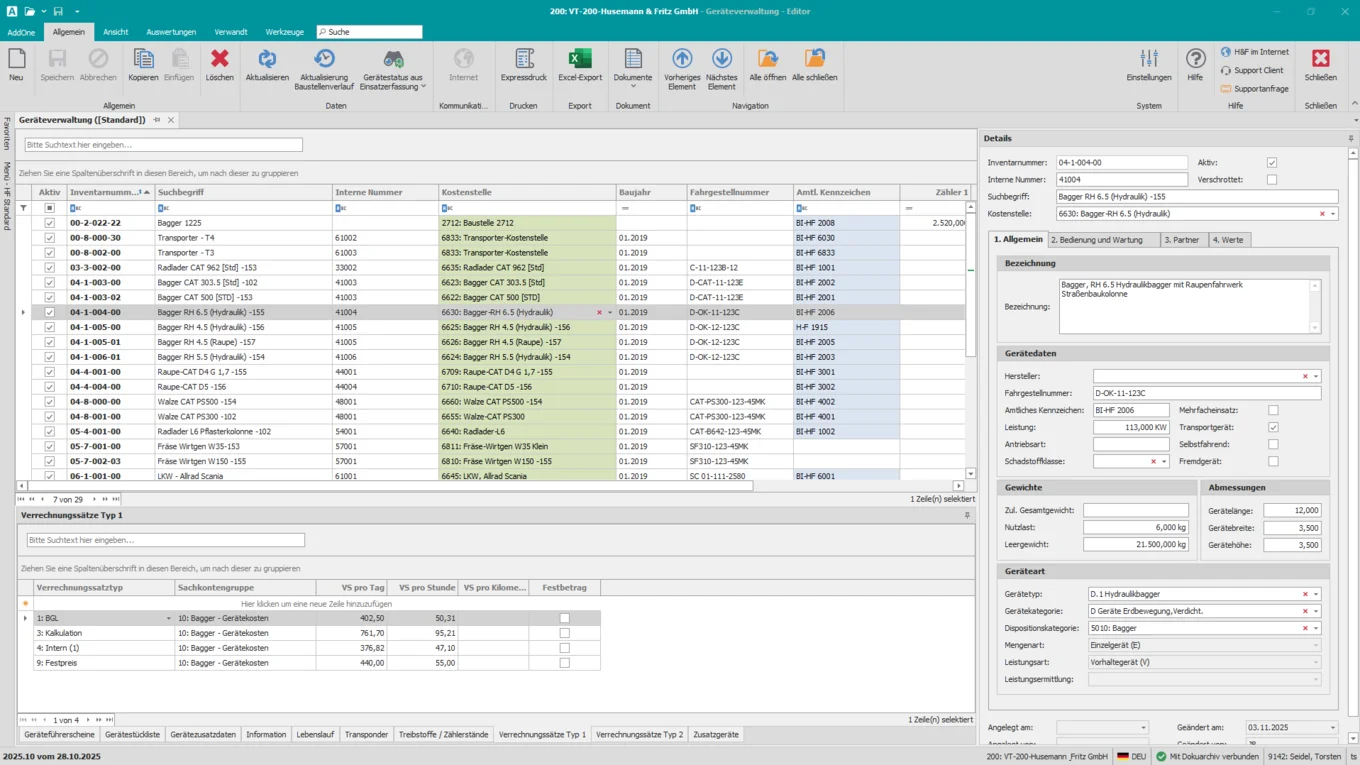 Screenshot der digitalen Geräteverwaltung in Pro-Bau/S® AddOne mit Übersicht über Baustellengeräte, Verrechnungssätze und Gerätedetails