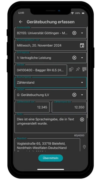 Screenshot der mobilen Zeiterfassung mit AppOne: Gerätebuchung nach Projekt und Kostenstelle.