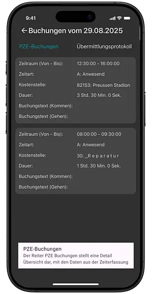 Screenshot der AppOne-Buchungsübersicht mit Detailansicht nach Tag: Zeitraum, Zeitart, Kostenstelle, Dauer und Buchungstext.