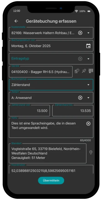 Smartphone zeigt die AppOne-Gerätebuchung mit Eingabefeldern für Gerät, Zählerstand, Anwesenheit und Standortdaten.