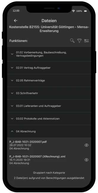 Screenshot der Dateiansicht in Pro-Bau/S® AddOne mit strukturierter Ablage nach Kostenstelle und praktischen Filterfunktionen.