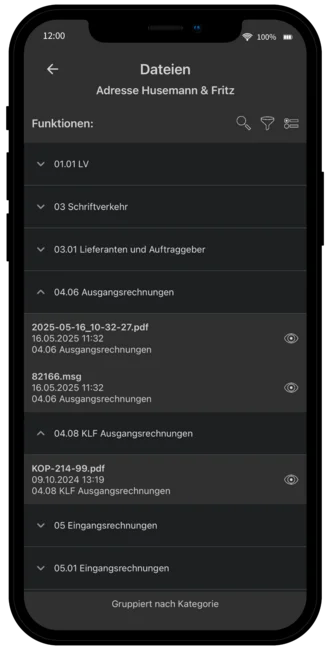 Screenshot der Dokumentenstruktur in Pro-Bau/S® AddOne mit Ablage nach Adresse, inklusive Rechnungen und Schriftverkehr im Überblick.