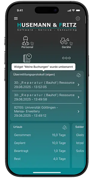 Screenshot der AppOne-Startseite mit Übermittlungsprotokoll für eigene Buchungen.