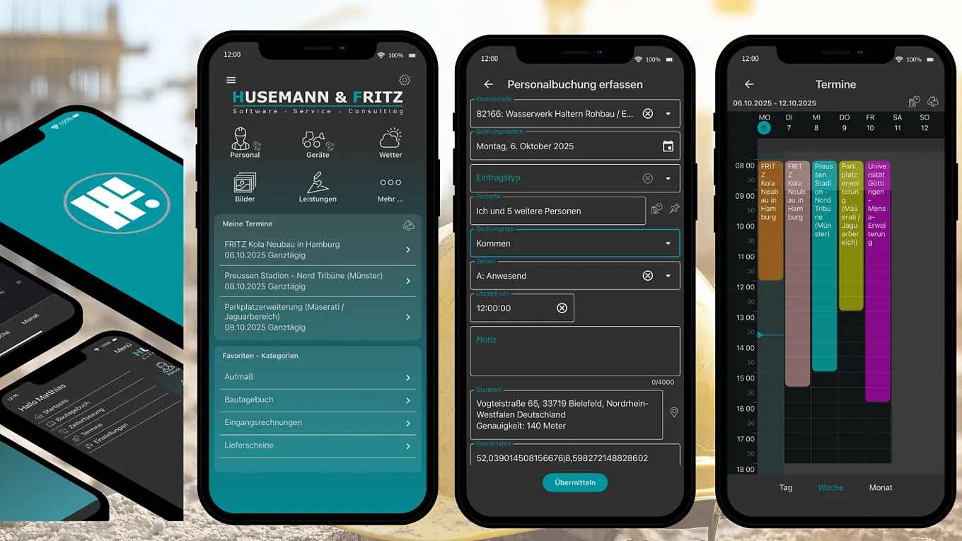 Mehrere Smartphones zeigen unterschiedliche AppOne-Ansichten, darunter Startbildschirm, Menü, Dokumentenübersicht und farbcodierte Zeiterfassung