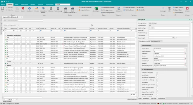 Screenshot des Anfragebuchs zur Angebotserstellung im Bau – Teil der Bautechnik Software von Pro-Bau/S®